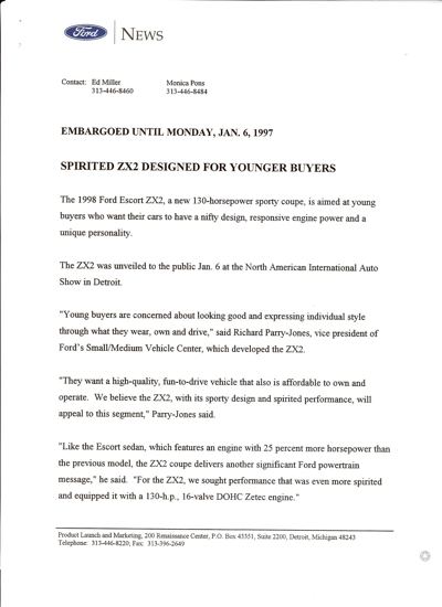 Page 1 of Ford's January 1997 release, Spirited ZX2 Designed for Younger Buyers