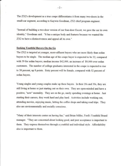 Page 2 of Ford's January 1997 release, Spirited ZX2 Designed for Younger Buyers