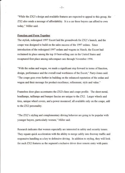 Page 3 of Ford's January 1997 release, Spirited ZX2 Designed for Younger Buyers