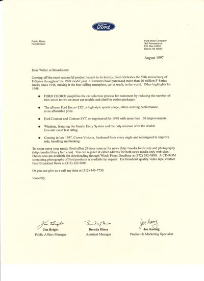 Ford Division cover letter to the press, August 1997