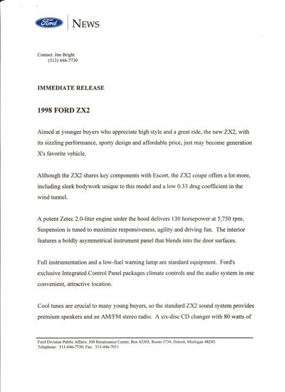 Page 1 of Ford's 1998 Ford ZX2 release
