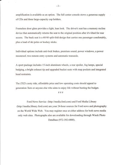 Page 2 of Ford's 1998 Ford ZX2 release