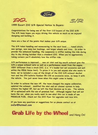 Yellow Ford flyer headed 1999 Escort ZX2 S/R Special Notice to Buyers, with ZX2 and S/R logos
