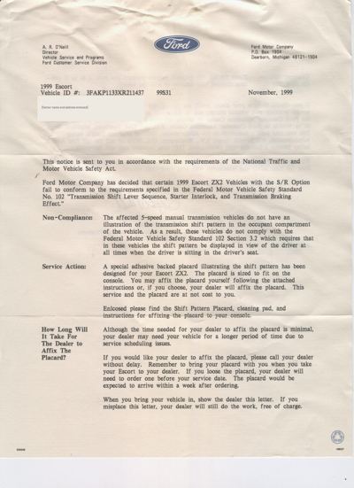 Page 1 of Ford's November 1999 safety recall 99S31 letter for the 1999 Escort ZX2 S/R