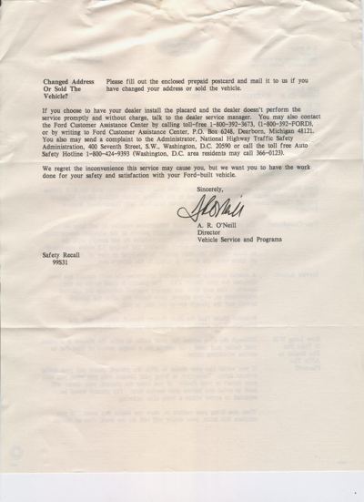Page 2 of the recall 99S31 letter, signed by A. R. O'Neill