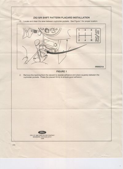 Ford instruction sheet for installing the ZX2 S/R shift pattern placard between the cupholders, with a line drawing