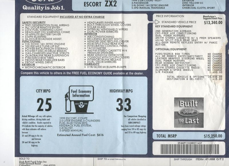 Window sticker for a 1999 Escort ZX2 Hot coupe in Zinc Yellow with charcoal sport cloth, listing the S/R package at $1,495 and a total MSRP of $15,250