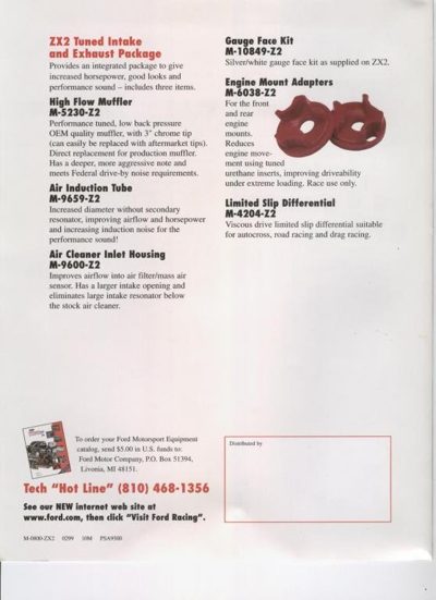 Ford Racing catalog page listing ZX2 intake and exhaust parts, gauge face kit, engine mount adapters and limited-slip differential