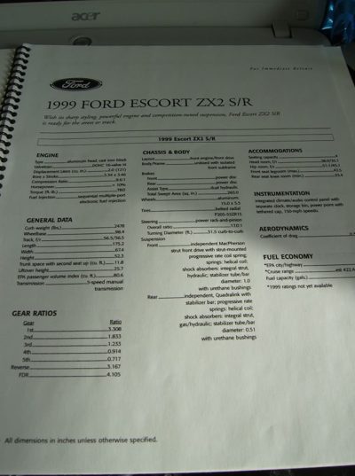 1999 Ford Escort ZX2 S/R specification sheet with engine, chassis and gear ratio data