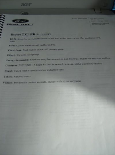 Ford Racing page listing the Escort ZX2 S/R suppliers and their parts